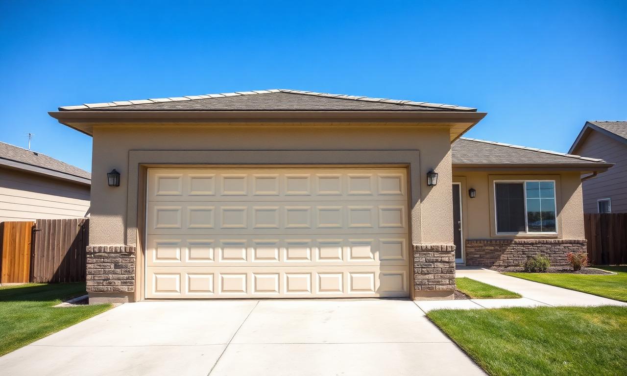 Sun-faded, chalky double garage door on a suburban Idaho home before restoration